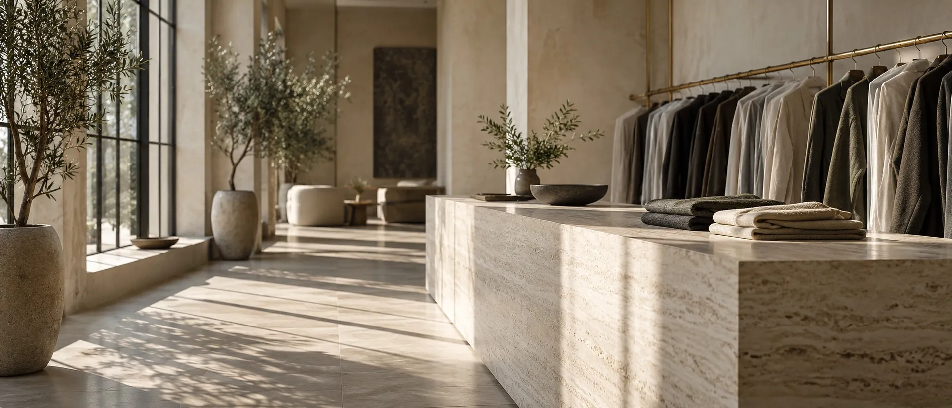 Qəbul piştaxtası və arxasında asılmış geyimlər olan salon
